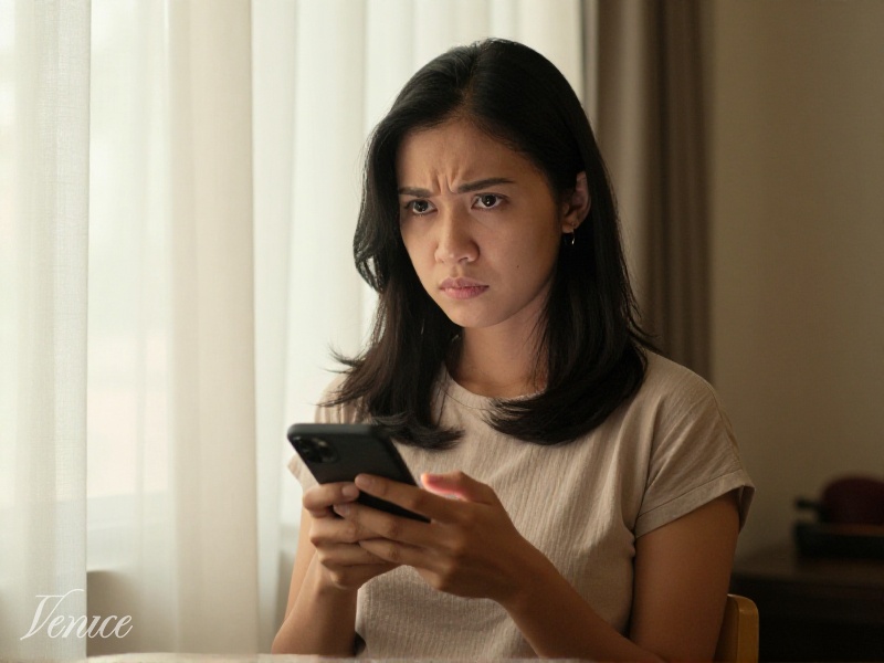 Perempuan Indonesia berusia 25-30 tahun memegang ponsel dengan ekspresi serius di rumahnya di Jakarta, cahaya hangat lembut, foto realistis