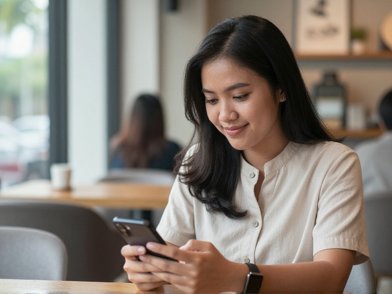 Seorang perempuan muda Indonesia berpakaian sopan tersenyum sambil melihat ponselnya di sebuah kafe modern, cahaya alami lembut, suasana tenang dan sopan.