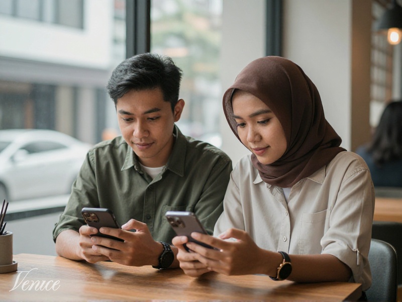 Pasangan muda Indonesia 25-30 tahun di kafe Jakarta sambil melihat smartphone, cahaya alami sore, fotorealistis