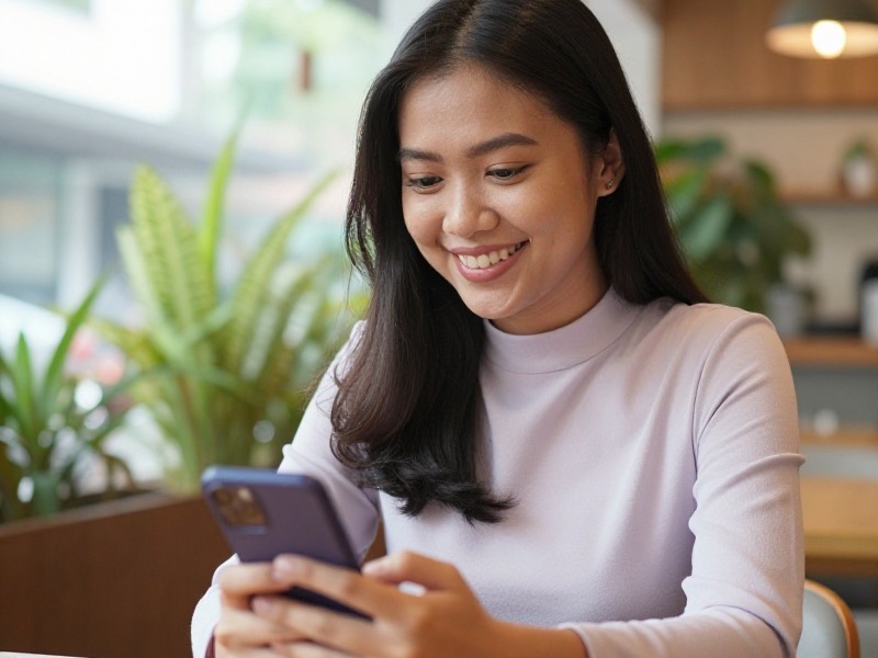 Seorang perempuan muda Indonesia dengan atasan lengan panjang berwarna lavender tersenyum hangat sambil melihat ponselnya di sebuah kafe terang yang dipenuhi tanaman hijau.