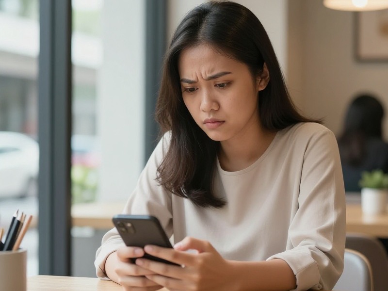 Seorang perempuan muda Indonesia duduk di kafe Jakarta pada sore hari sambil menatap layar ponselnya dengan alis berkerut, tampak ragu membaca pesan dari kenalan baru.