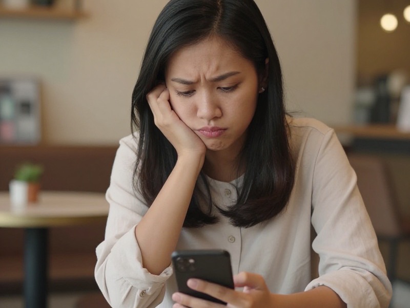 Perempuan muda Indonesia duduk sendirian di meja kafe sederhana sambil menatap layar ponsel dengan ekspresi berpikir dan sedikit kecewa.