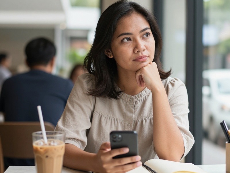 Laki-laki muda Indonesia duduk di kedai kopi Jakarta sambil meletakkan ponsel di meja, menatap ke luar jendela dengan tenang, cahaya sore hangat.