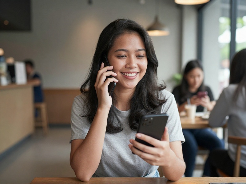 Perempuan muda Indonesia 25 tahun tersenyum sambil mengetik pesan di smartphone di kafe Jakarta, cahaya sore alami, fotorealistis