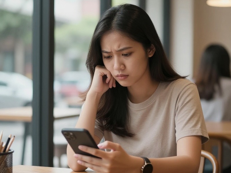 Perempuan muda Indonesia menatap ponsel dengan ekspresi berpikir di kafe yang nyaman di Jakarta, pakaian sopan