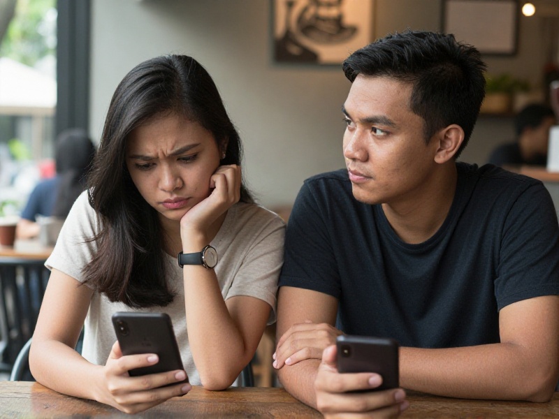 Pasangan muda Indonesia duduk di kafe Jakarta, sang perempuan menatap ponsel dengan ekspresi ragu sementara pria di sebelahnya menoleh ke arah lain, cahaya sore yang hangat