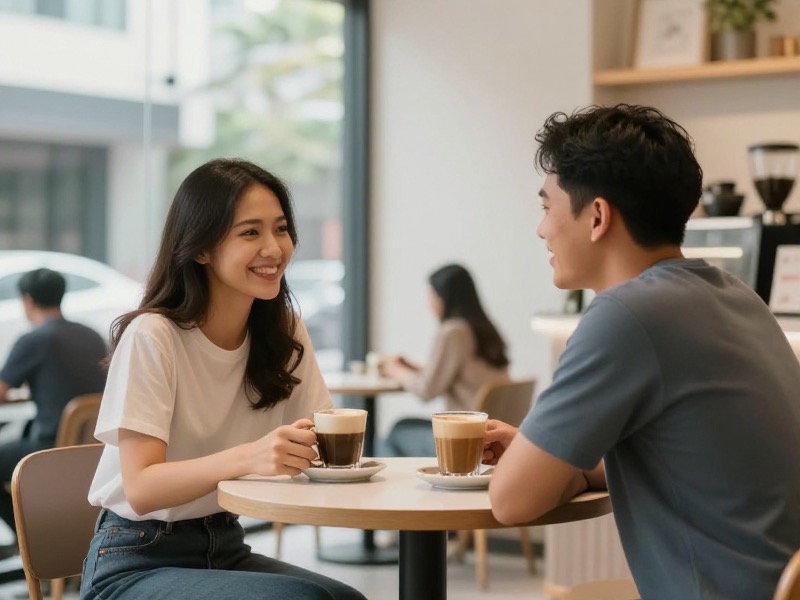 Dua orang dewasa muda mengobrol santai di kafe terbuka yang ramai di Jakarta pada siang hari, suasana sopan dan terbuka dengan cahaya alami