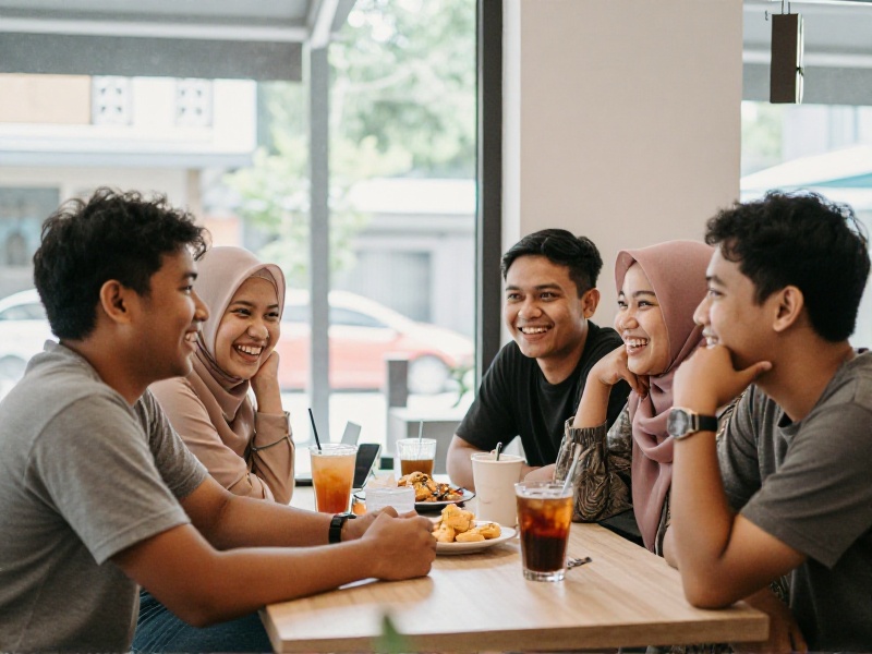 Lima anak muda Indonesia duduk mengobrol santai sambil tertawa di meja kafe outdoor yang cerah pada siang hari.