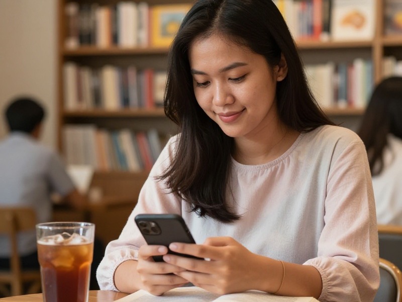 Seorang perempuan muda Indonesia berkemeja lengan panjang duduk tenang di sudut kafe yang sepi di Yogyakarta sambil membaca pesan di ponselnya, dengan secangkir teh dan buku di atas meja kayu.