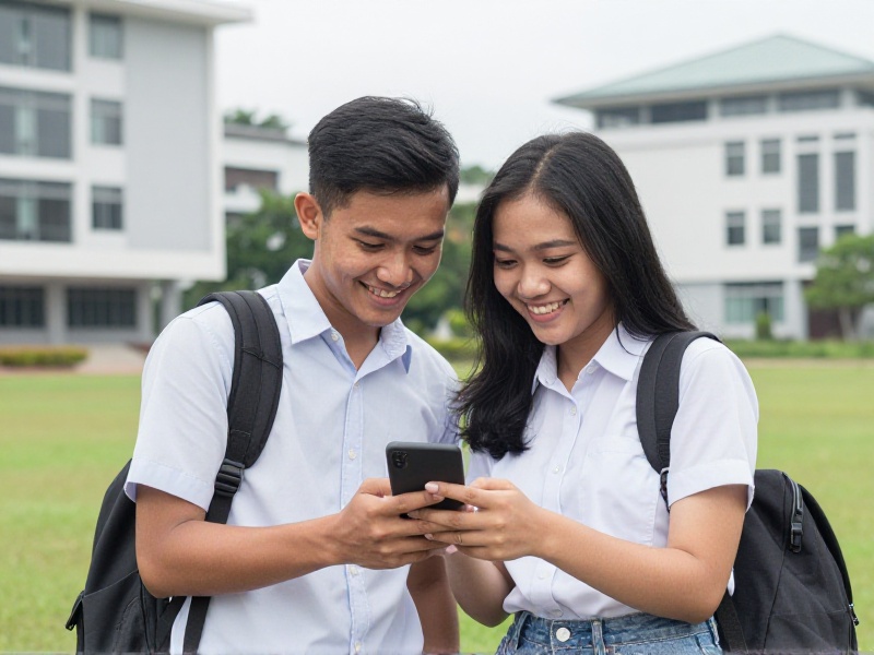 Dua mahasiswa Indonesia muda tersenyum sambil melihat ponsel di sudut perpustakaan kampus yang cerah, mengenakan kemeja kasual rapi, suasana belajar yang santai dan hangat, cahaya alami lembut