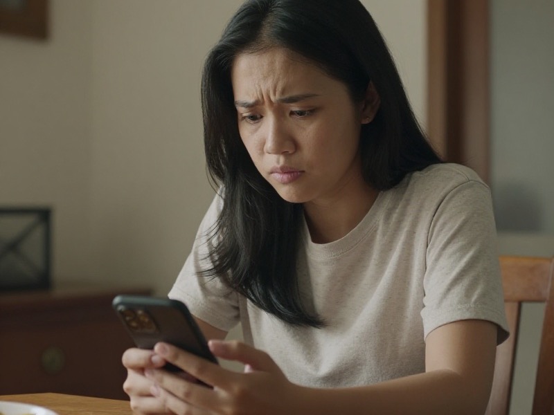 Perempuan muda Indonesia duduk di meja makan rumah pada pagi hari sambil memandangi layar ponsel yang penuh pesan masuk dengan ekspresi ragu.