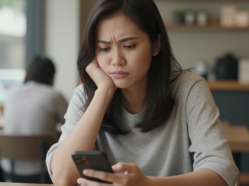 Seorang perempuan muda Indonesia duduk santai di sofa ruang tamu modern sambil tersenyum melihat layar ponsel yang menampilkan aplikasi kencan, dengan cahaya alami yang hangat.