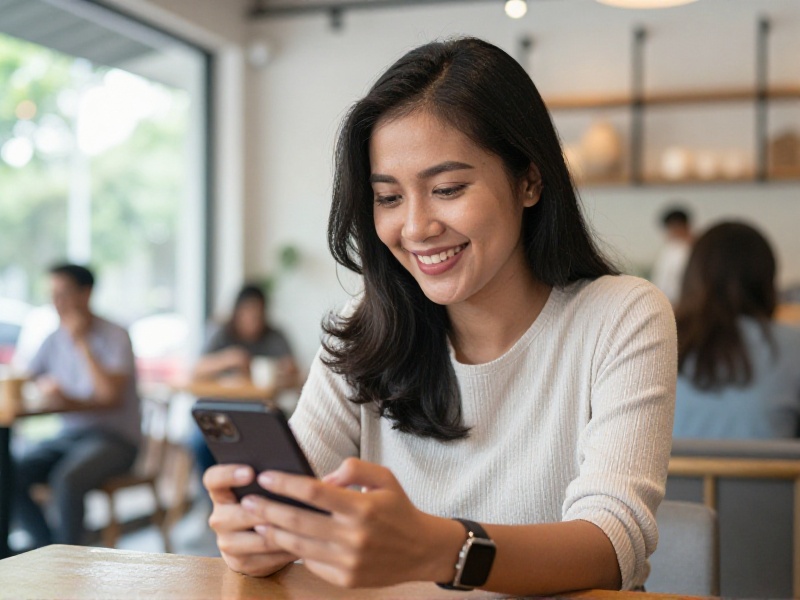 Perempuan muda Indonesia tersenyum sopan sambil melihat ponsel di kafe yang terang, mengenakan pakaian sederhana dan rapi, suasana percakapan yang hangat dan tenang, cahaya siang lembut