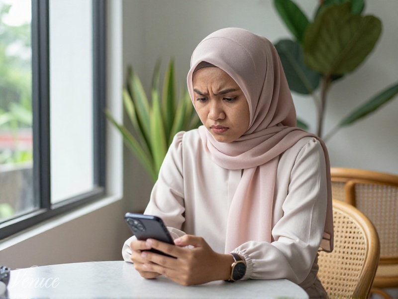 Perempuan muda Indonesia berpakaian sopan di apartemen Jakarta menatap layar ponsel dengan ekspresi waspada saat membaca pesan mencurigakan, cahaya siang hari