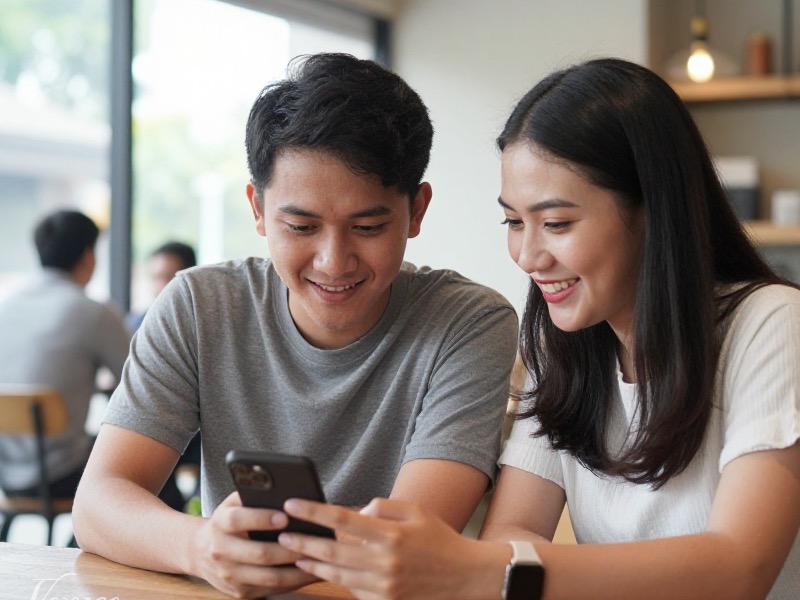 Perempuan muda di kafe Jakarta tersenyum sambil mengetik pesan pertama di aplikasi kencan lewat ponsel