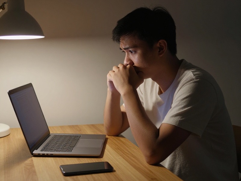 A young Indonesian man sits on the edge of his bed late at night in a small Jakarta apartment, looking anxious at a threatening message on his phone.