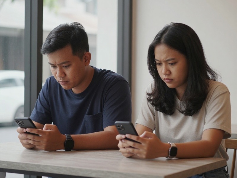 Perempuan muda Indonesia duduk di tepi jendela apartemen sore hari sambil memegang ponsel dan menatap ke luar dengan ekspresi berpikir, suasana tenang dan hangat.