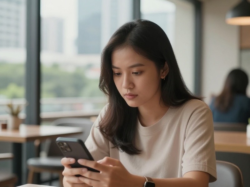 Seorang perempuan muda Indonesia berpakaian sopan duduk di kafe kota sambil melihat ponselnya, latar gedung Jakarta terlihat samar melalui jendela, cahaya alami lembut, suasana tenang dan modern.