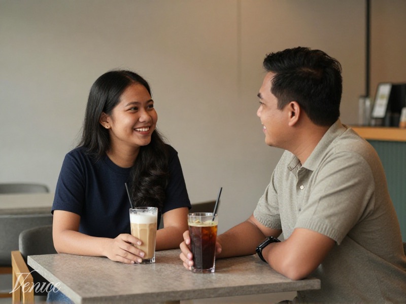 Pasangan muda Indonesia tersenyum mengobrol santai di kafe pada sore hari, cahaya hangat, suasana sopan dan nyaman