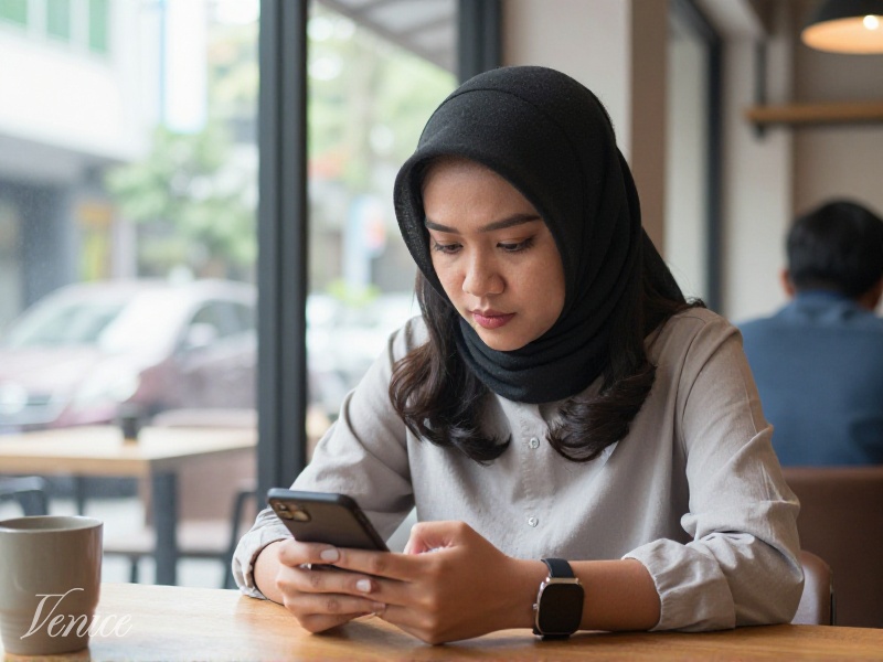 Perempuan muda Indonesia sedang memilih foto profil di smartphone di kafe modern Jakarta, suasana sopan dan tenang, cahaya alami sore hari